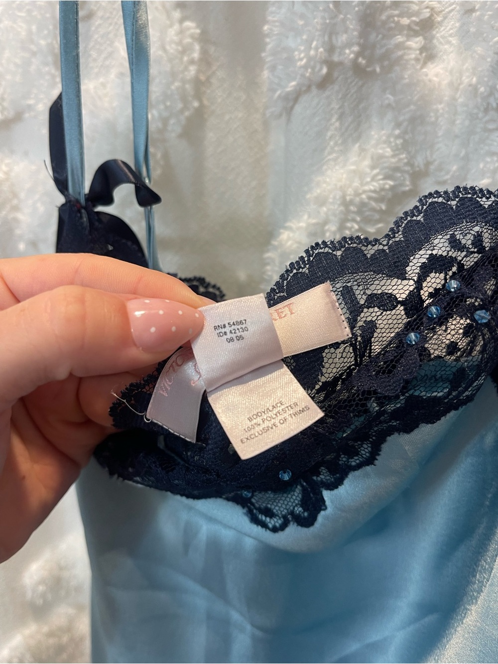 Victoria's Secret Light Blue Satin Slip Dress with Navy Lace Trim - Picture 3 of 6